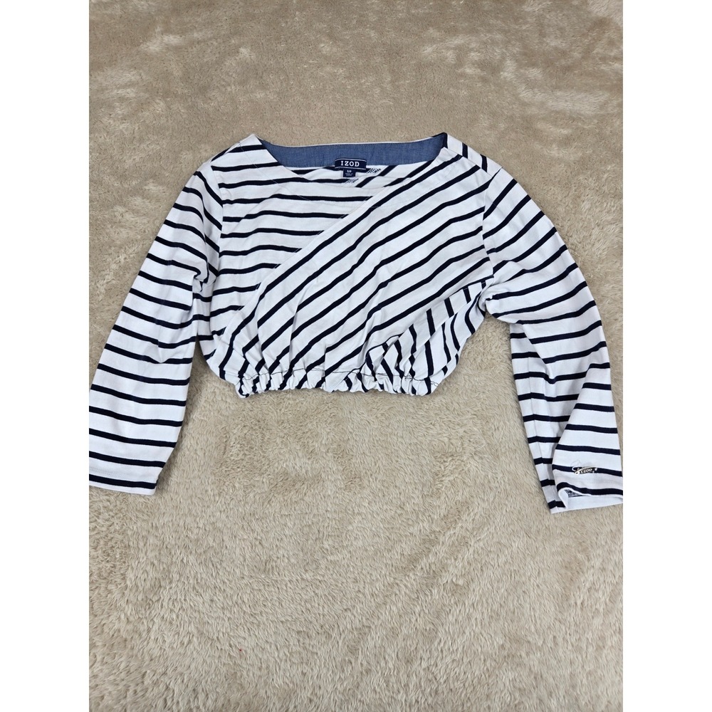 IZOD Womens Striped Long Sleeve Crop Top‎ Navy Blue White Wrap Front Small